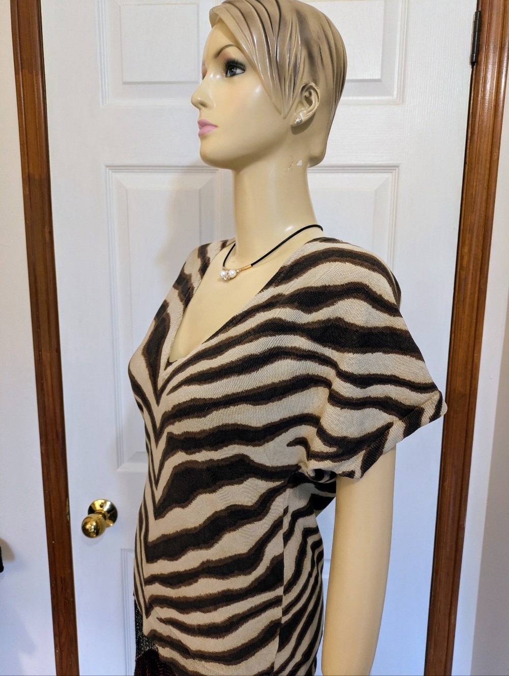 Michael Kors Zebra-Stripe Silk V-Neck Knit Top in Cream & Brown